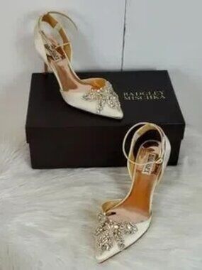 Badgley Mischka Fana Ivory Satin Crystal-Embellished Pointed-Toe Heels